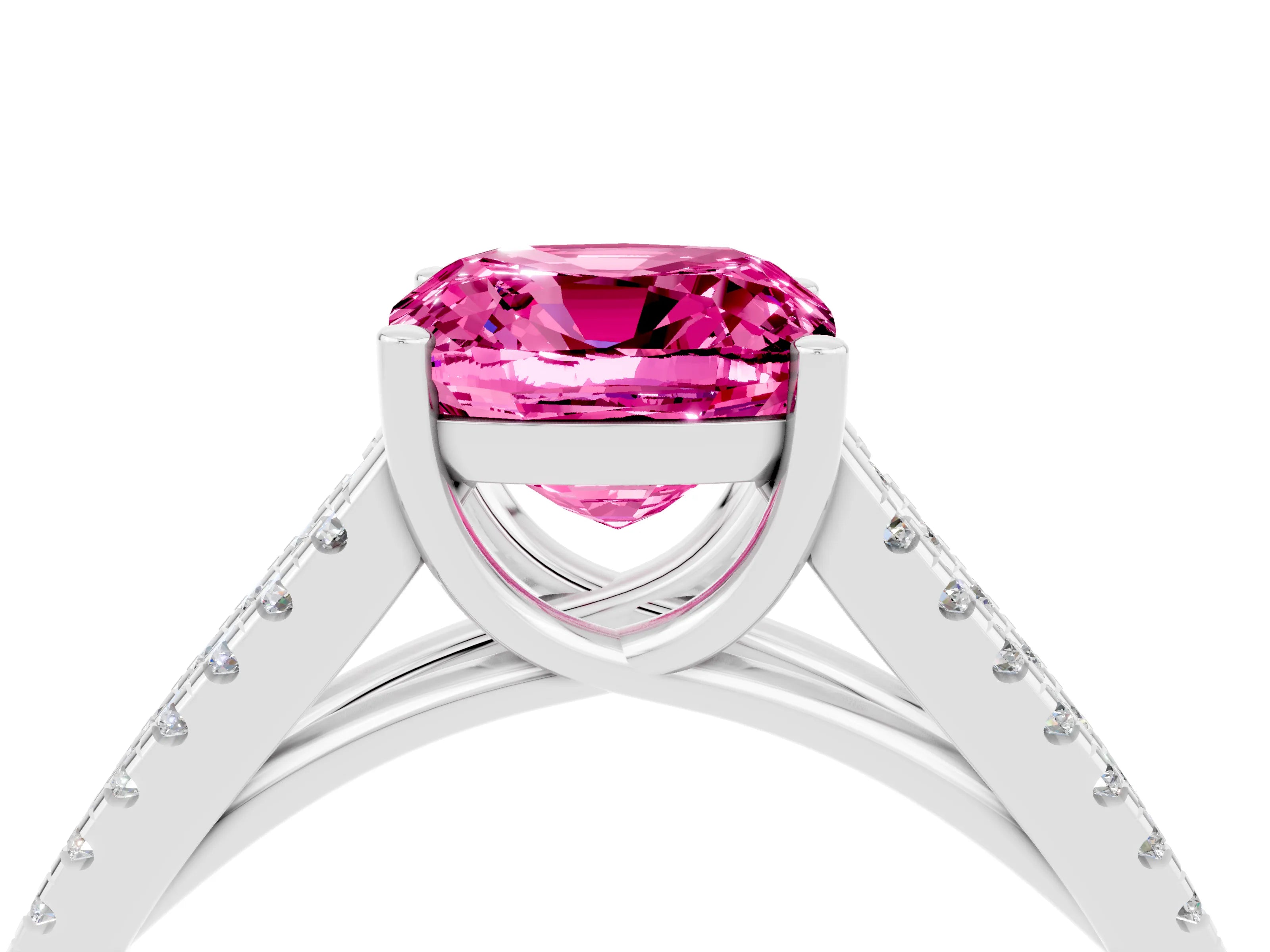 White gold Cushion Cut Pink Sapphire Solitaire Engagement Ring with Split Shank Pavé Band_16