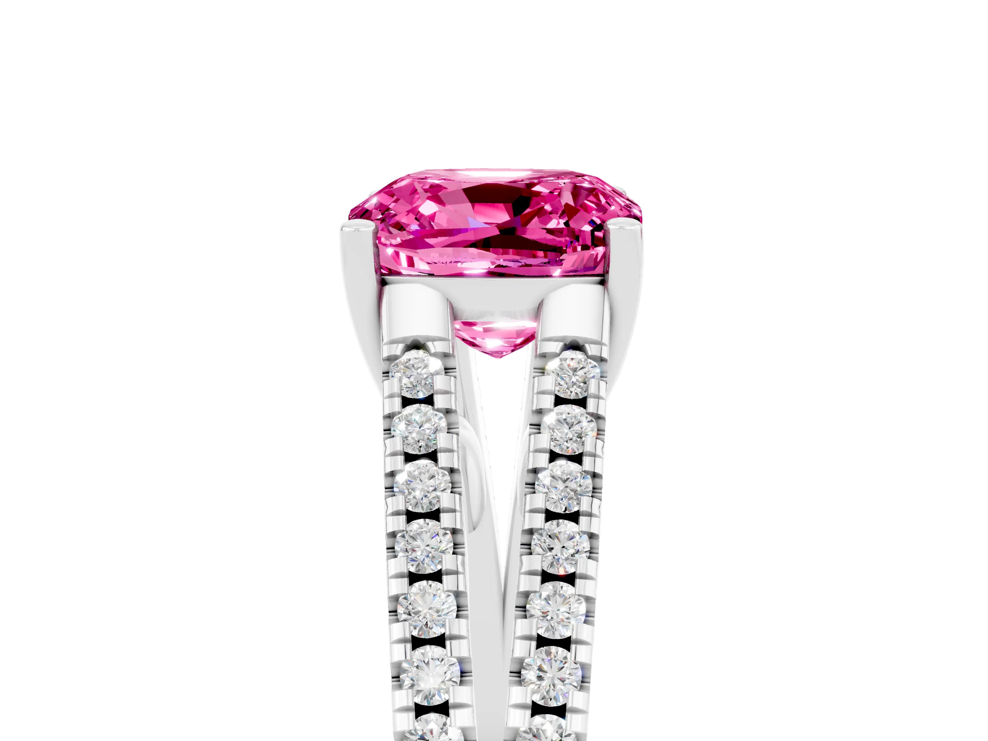 White gold Cushion Cut Pink Sapphire Solitaire Engagement Ring with Split Shank Pavé Band_17