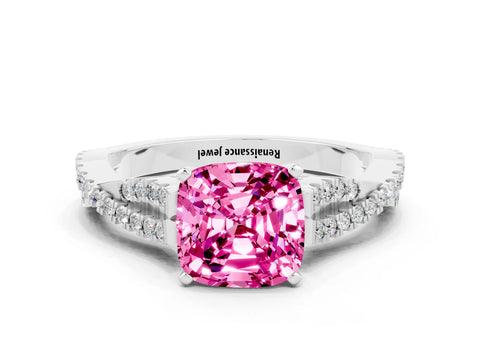 White gold Cushion Cut Pink Sapphire Solitaire Engagement Ring with Twisted Pavé Band and Four-Prong Setting_24