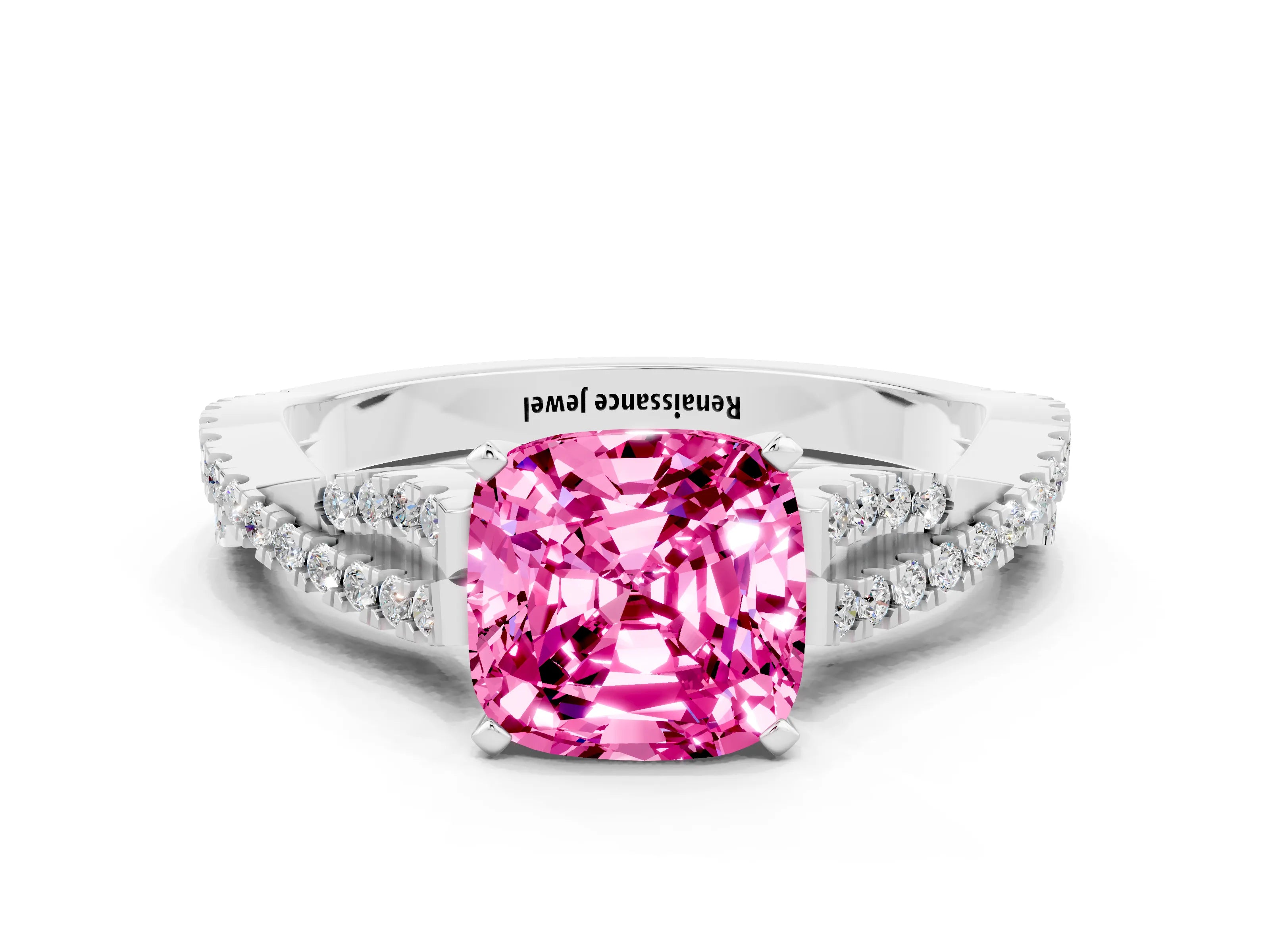 White gold Cushion Cut Pink Sapphire Solitaire Engagement Ring with Twisted Pavé Band and Four-Prong Setting_24