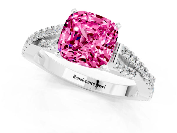 White gold Cushion Cut Pink Sapphire Solitaire Engagement Ring with Twisted Pavé Band and Four-Prong Setting