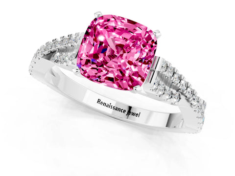 White gold Cushion Cut Pink Sapphire Solitaire Engagement Ring with Twisted Pavé Band and Four-Prong Setting_25