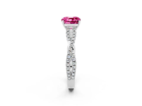 White gold Cushion Cut Pink Sapphire Solitaire Engagement Ring with Twisted Pavé Band and Four-Prong Setting_26