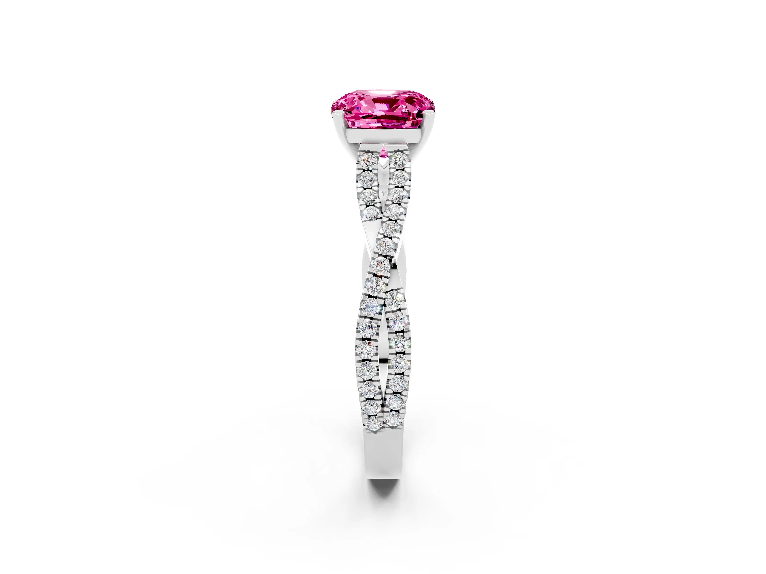 White gold Cushion Cut Pink Sapphire Solitaire Engagement Ring with Twisted Pavé Band and Four-Prong Setting_26