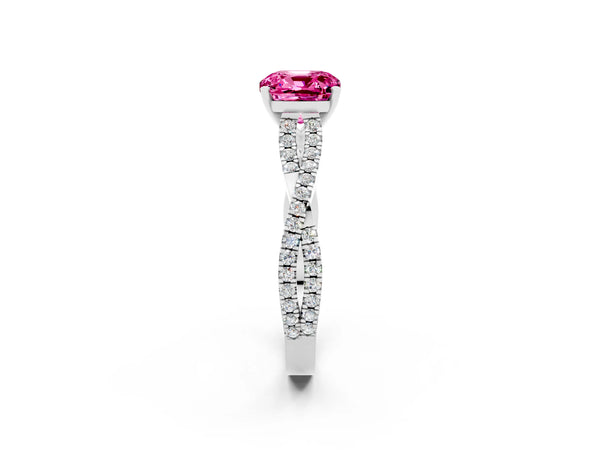 White gold Cushion Cut Pink Sapphire Solitaire Engagement Ring with Twisted Pavé Band and Four-Prong Setting