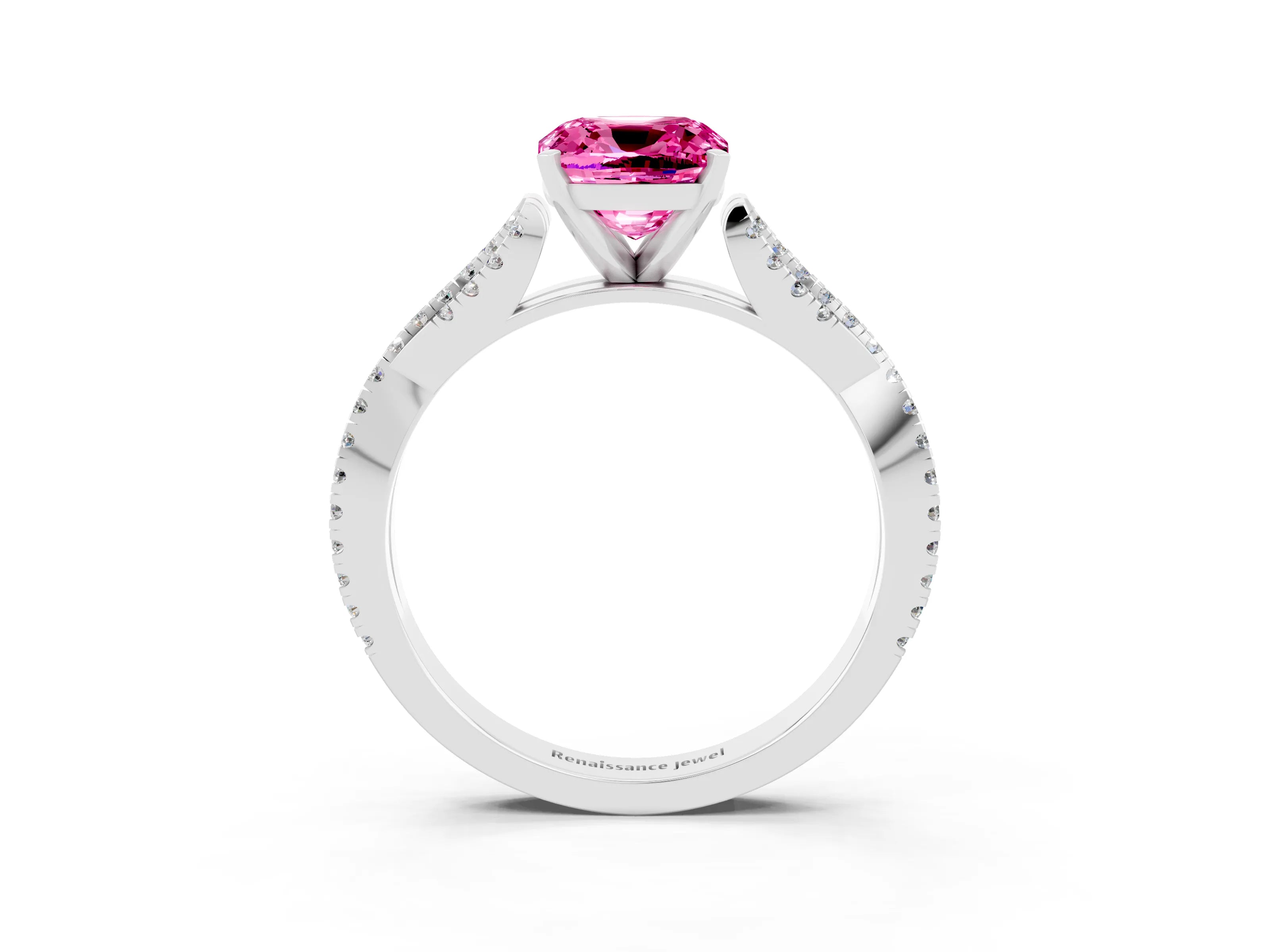 White gold Cushion Cut Pink Sapphire Solitaire Engagement Ring with Twisted Pavé Band and Four-Prong Setting_27