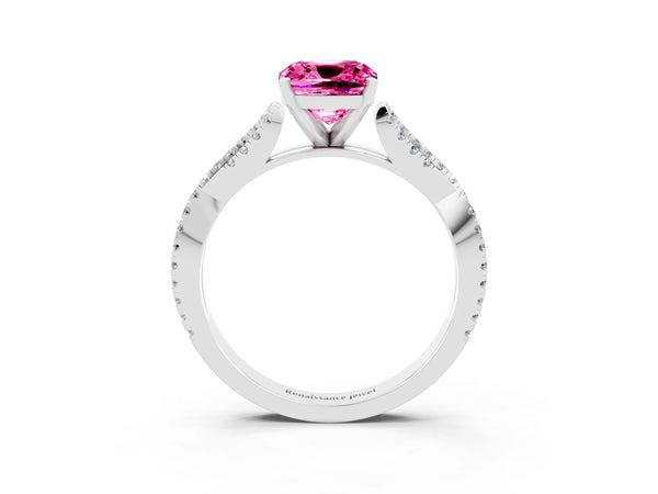Platinum Cushion Cut Pink Sapphire Solitaire Engagement Ring with Twisted Pavé Band and Four-Prong Setting