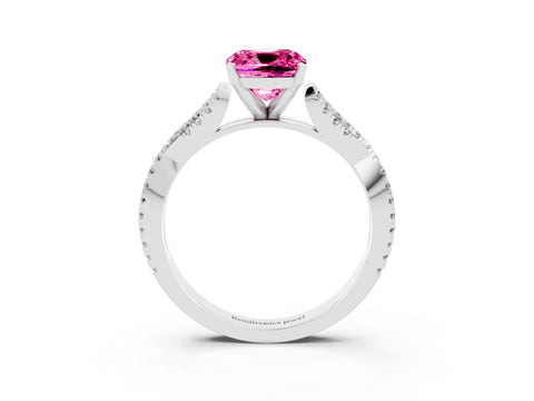 White gold Cushion Cut Pink Sapphire Solitaire Engagement Ring with Twisted Pavé Band and Four-Prong Setting_27