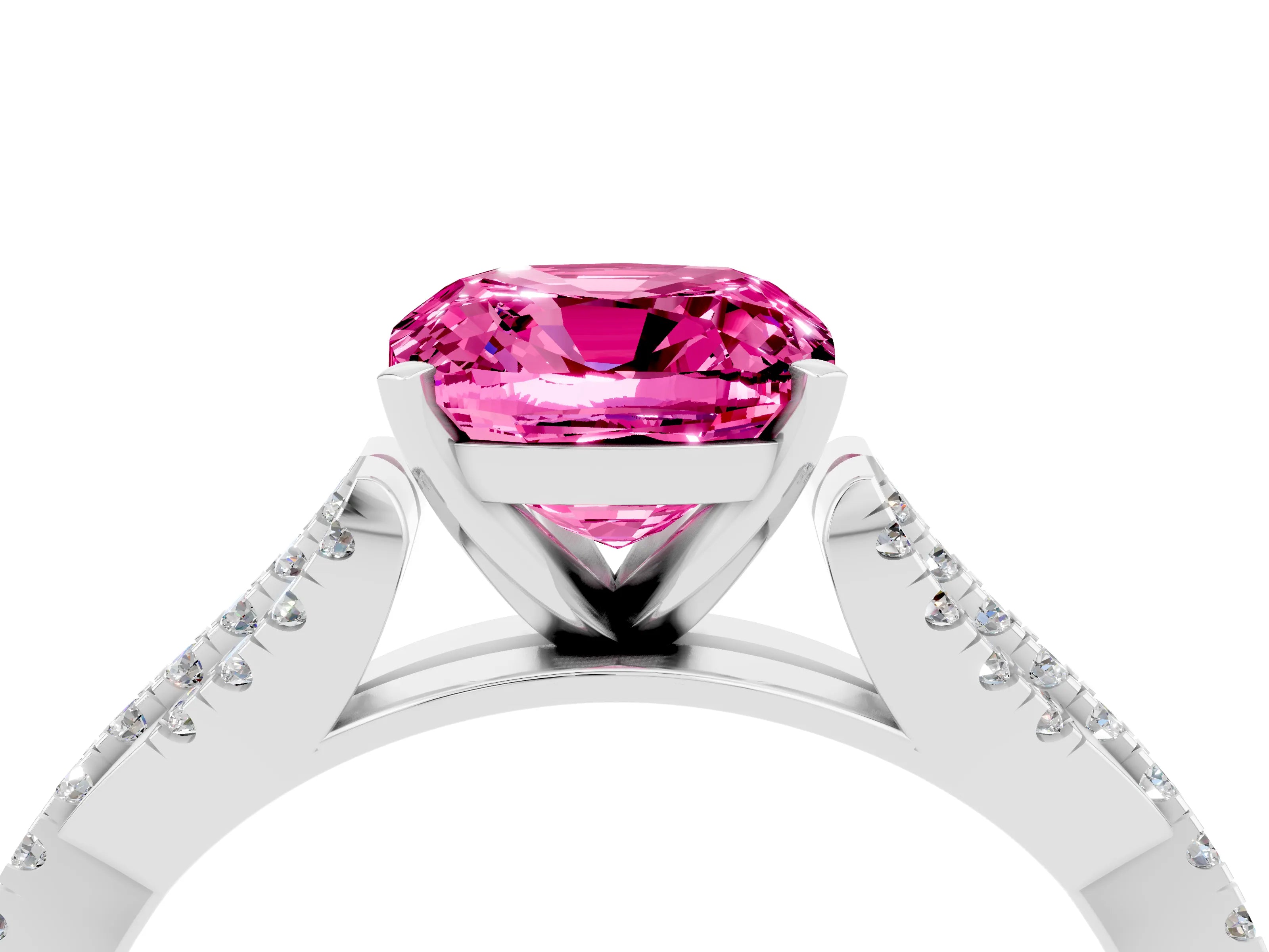 White gold Cushion Cut Pink Sapphire Solitaire Engagement Ring with Twisted Pavé Band and Four-Prong Setting_28