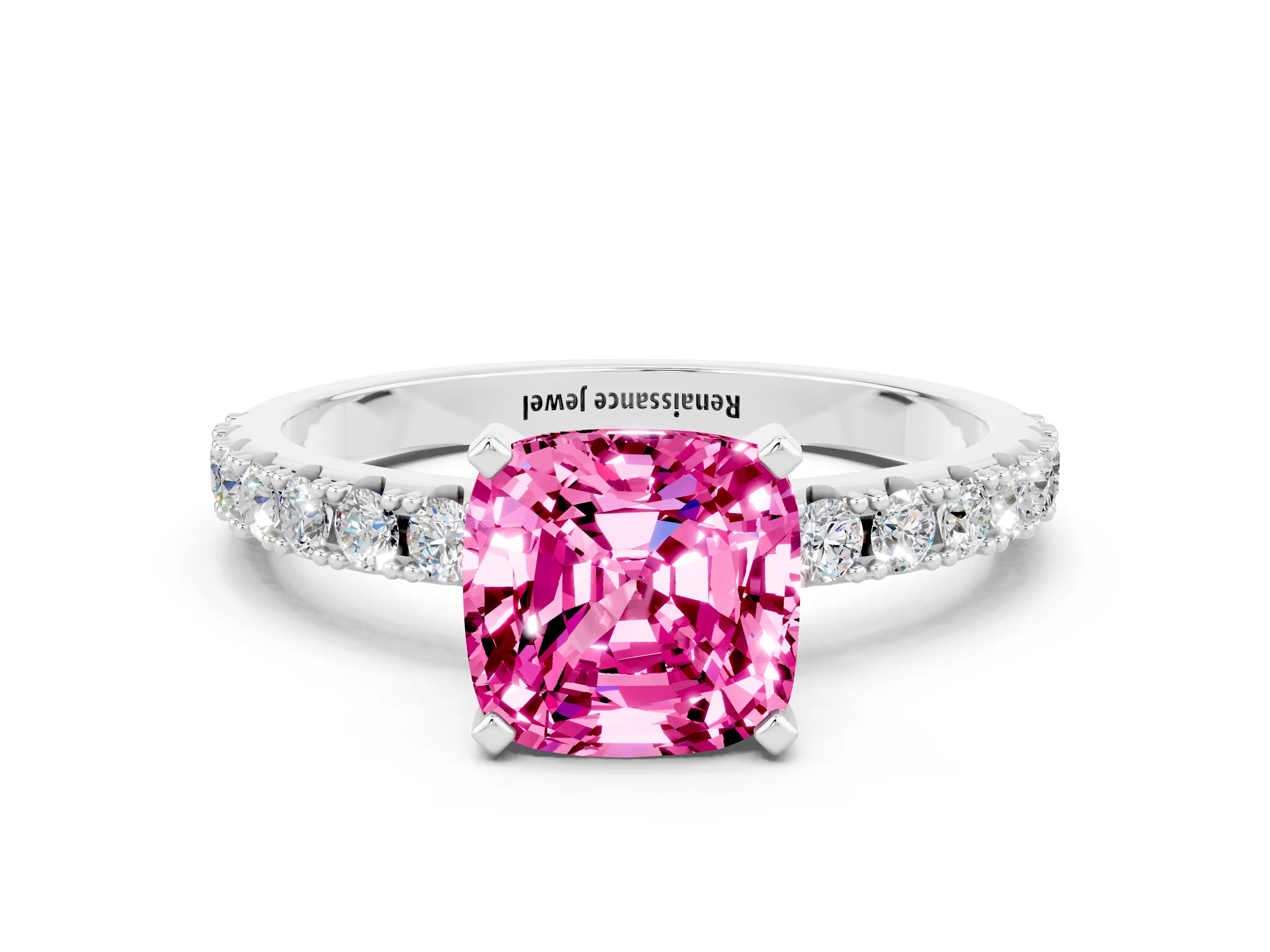 White gold Cushion Cut Pink Sapphire Solitaire Pavé Band with Four-Prong Setting_24