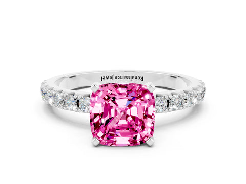 White gold Cushion Cut Pink Sapphire Solitaire Pavé Band with Four-Prong Setting_24