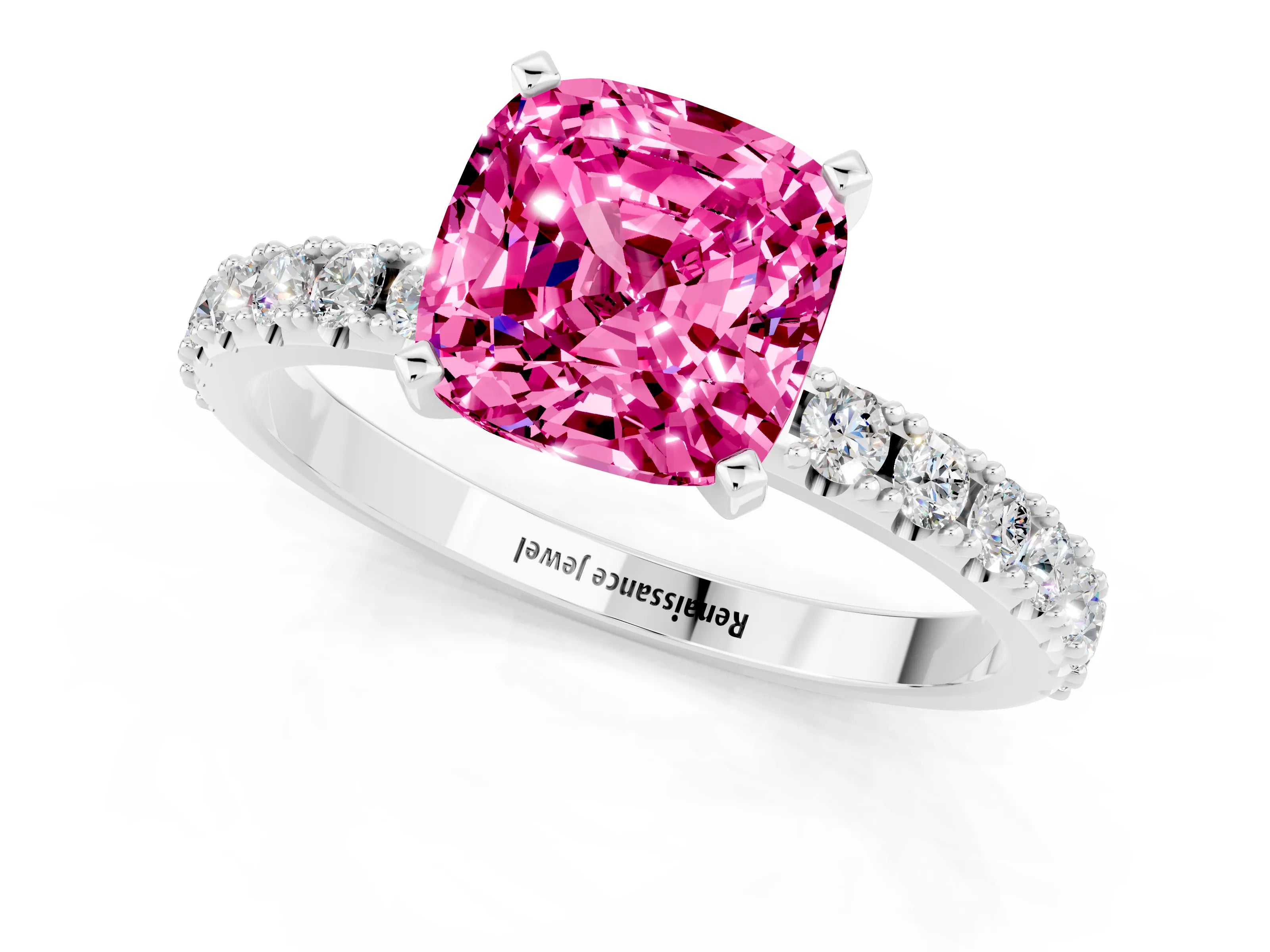 White gold Cushion Cut Pink Sapphire Solitaire Pavé Band with Four-Prong Setting_25