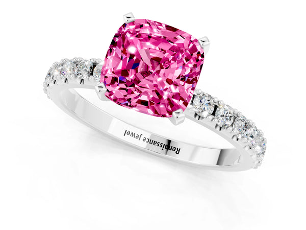Platinum Cushion Cut Pink Sapphire Solitaire Pavé Band with Four-Prong Setting