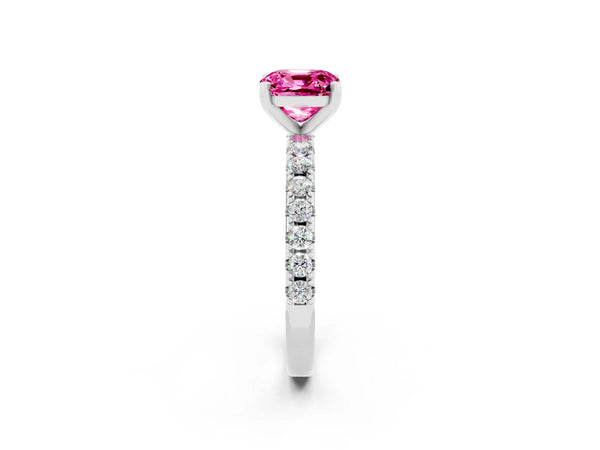 White gold Cushion Cut Pink Sapphire Solitaire Pavé Band with Four-Prong Setting
