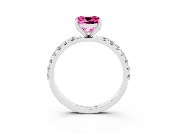 Platinum Cushion Cut Pink Sapphire Solitaire Pavé Band with Four-Prong Setting