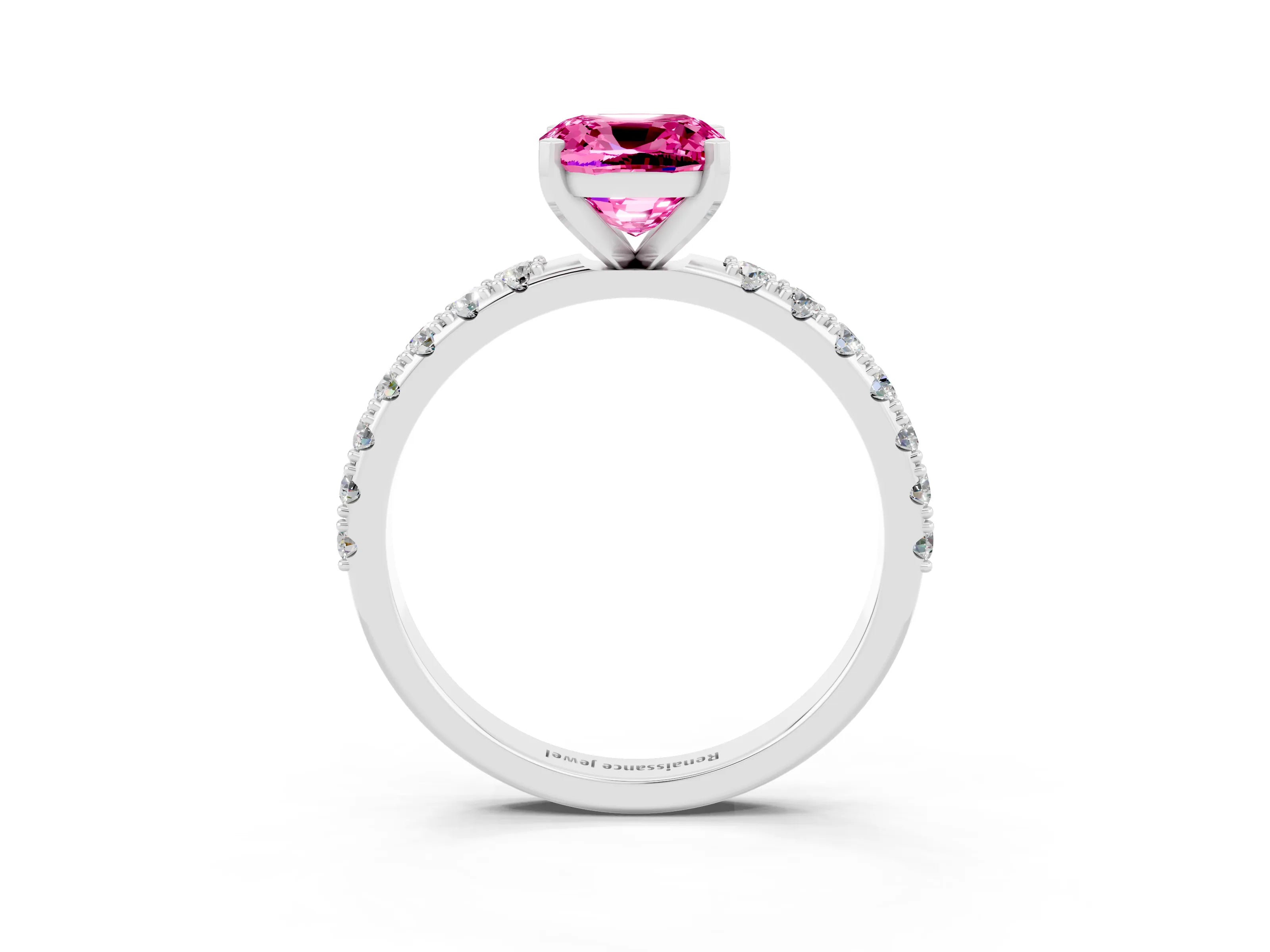 White gold Cushion Cut Pink Sapphire Solitaire Pavé Band with Four-Prong Setting_27
