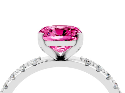 White gold Cushion Cut Pink Sapphire Solitaire Pavé Band with Four-Prong Setting_28