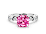 White gold Cushion Cut Pink Sapphire Solitaire Pavé Engagement Ring with Round Band and Prong Setting_12