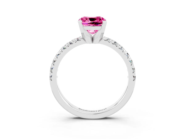 Silver Cushion Cut Pink Sapphire Solitaire Pavé Engagement Ring with Round Band and Prong Setting
