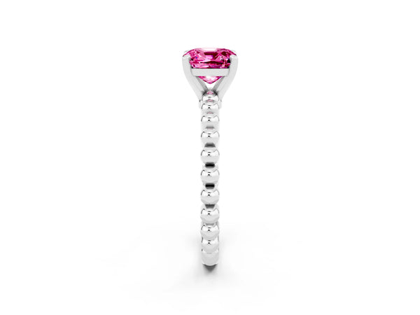 White gold Cushion Cut Pink Sapphire Solitaire Ring with Beaded Band and Prong Setting