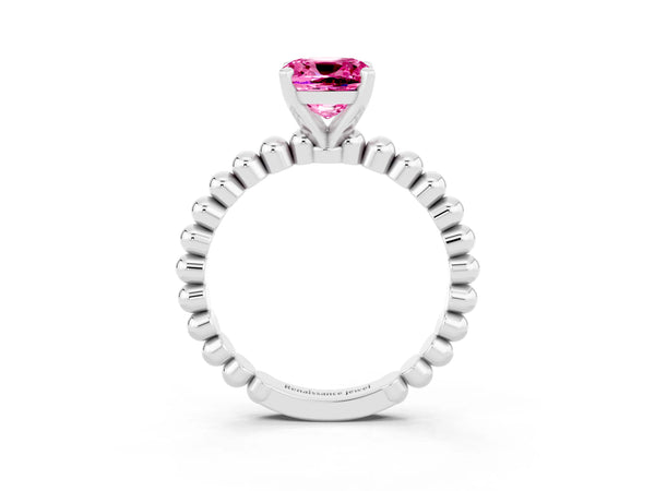 White gold Cushion Cut Pink Sapphire Solitaire Ring with Beaded Band and Prong Setting