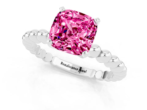 White gold Cushion Cut Pink Sapphire Solitaire Ring with Beaded Band and Prong Setting_1