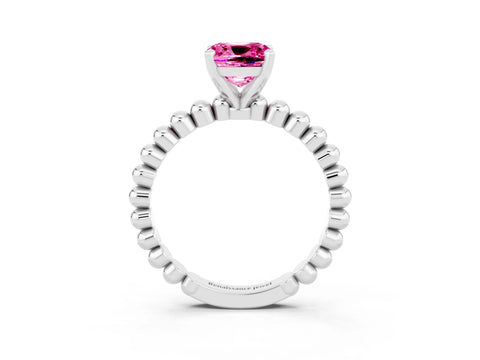 White gold Cushion Cut Pink Sapphire Solitaire Ring with Beaded Band and Prong Setting_3