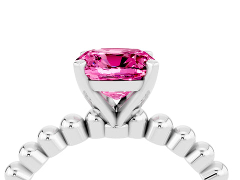 White gold Cushion Cut Pink Sapphire Solitaire Ring with Beaded Band and Prong Setting_4