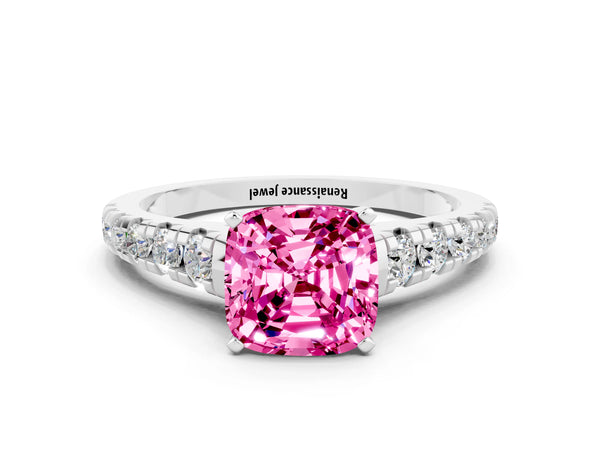 White gold Cushion Cut Pink Sapphire Cathedral Solitaire Ring with Round  Pavé Band