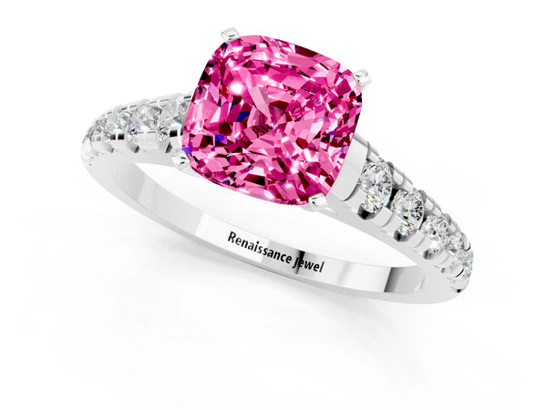 Platinum Cushion Cut Pink Sapphire Cathedral Solitaire Ring with Round  Pavé Band