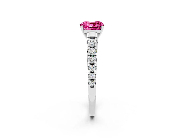 Platinum Cushion Cut Pink Sapphire Cathedral Solitaire Ring with Round  Pavé Band