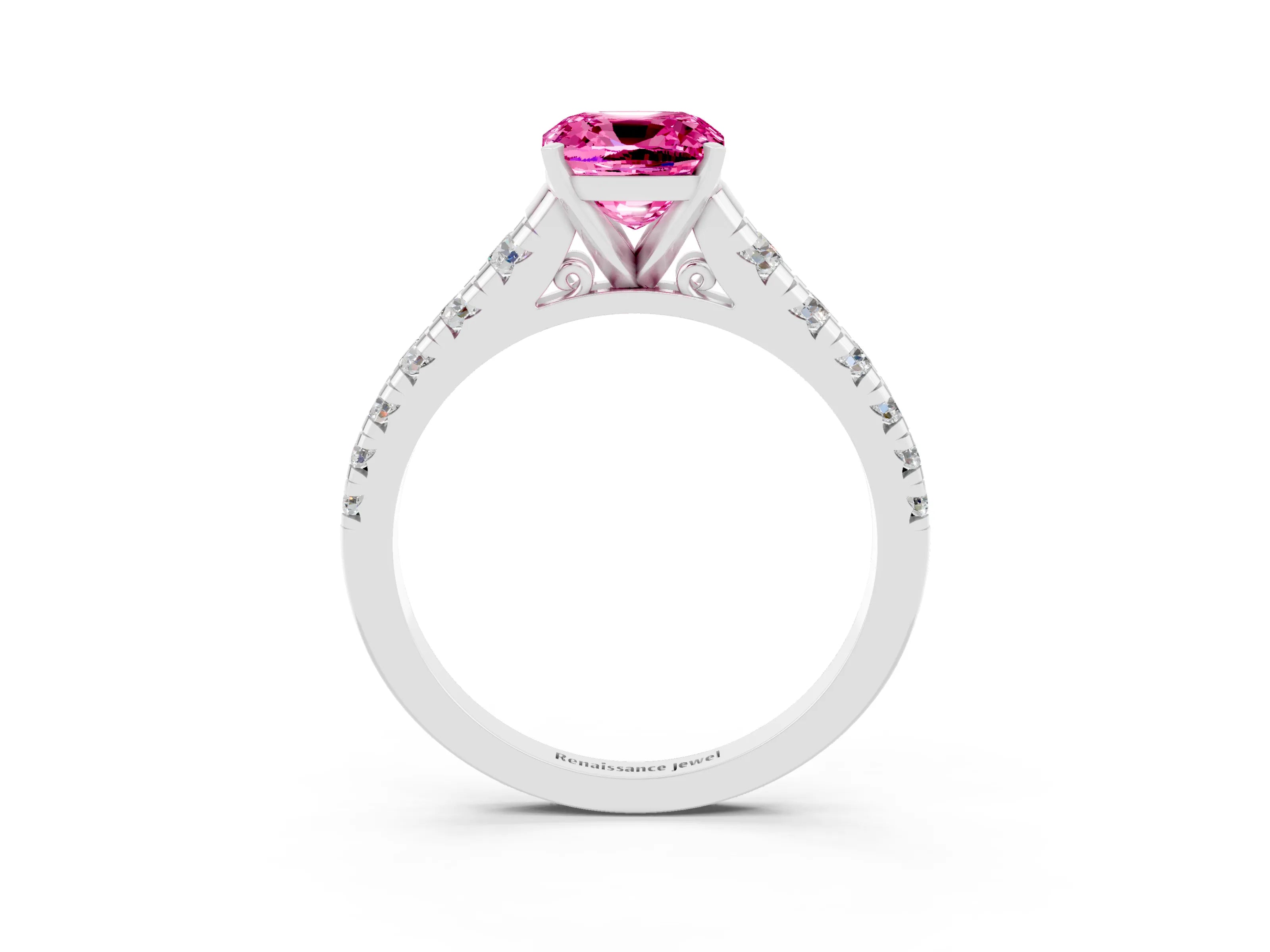 White gold Cushion Cut Pink Sapphire Solitaire Ring with Cathedral Setting and Pavé Band_27