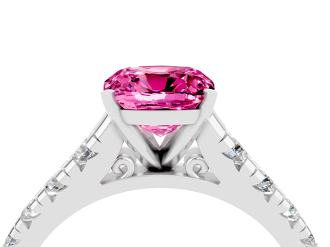 White gold Cushion Cut Pink Sapphire Solitaire Ring with Cathedral Setting and Pavé Band_28