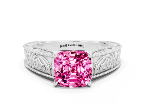 White gold Cushion Cut Pink Sapphire Solitaire Ring with Engraved Band and Four-Prong Setting