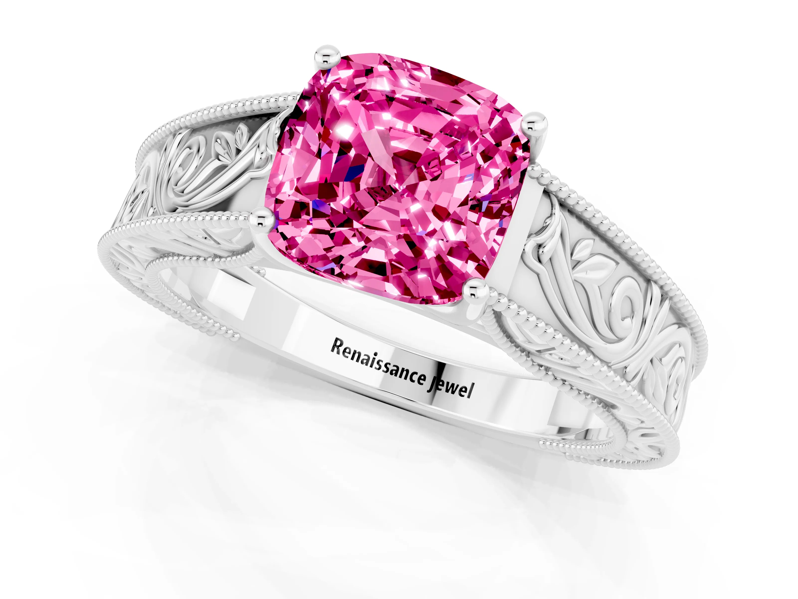 White gold Cushion Cut Pink Sapphire Solitaire Ring with Engraved Band and Four-Prong Setting_1