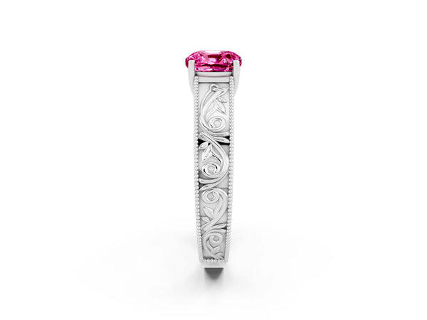 Platinum Cushion Cut Pink Sapphire Solitaire Ring with Engraved Band and Four-Prong Setting