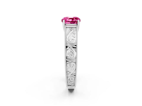 White gold Cushion Cut Pink Sapphire Solitaire Ring with Engraved Band and Four-Prong Setting_2