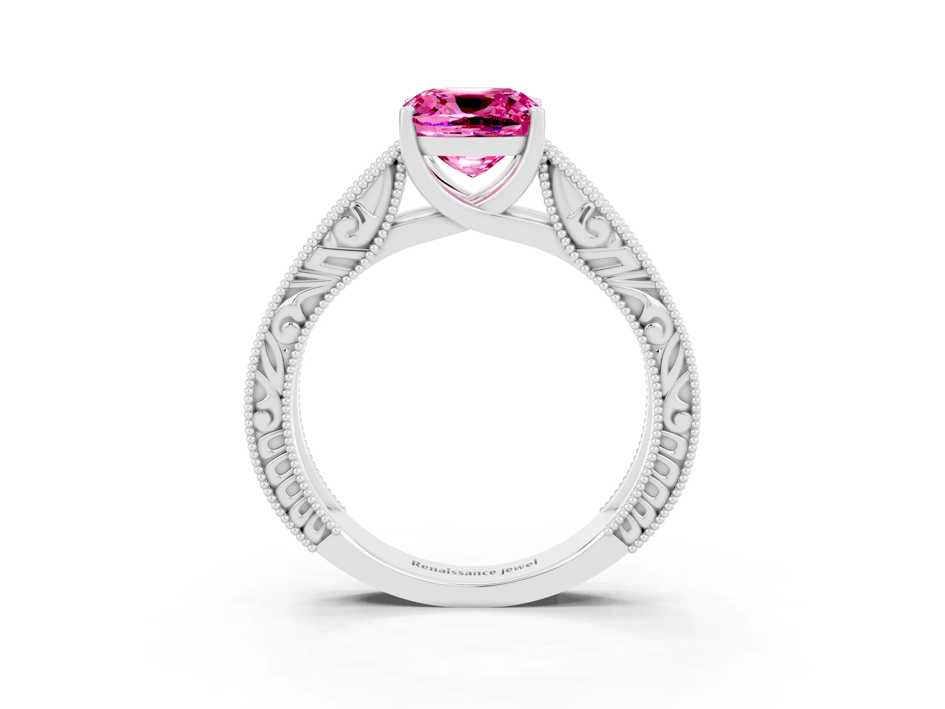White gold Cushion Cut Pink Sapphire Solitaire Ring with Engraved Band and Four-Prong Setting_3