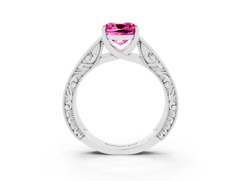 White gold Cushion Cut Pink Sapphire Solitaire Ring with Engraved Band and Four-Prong Setting_3