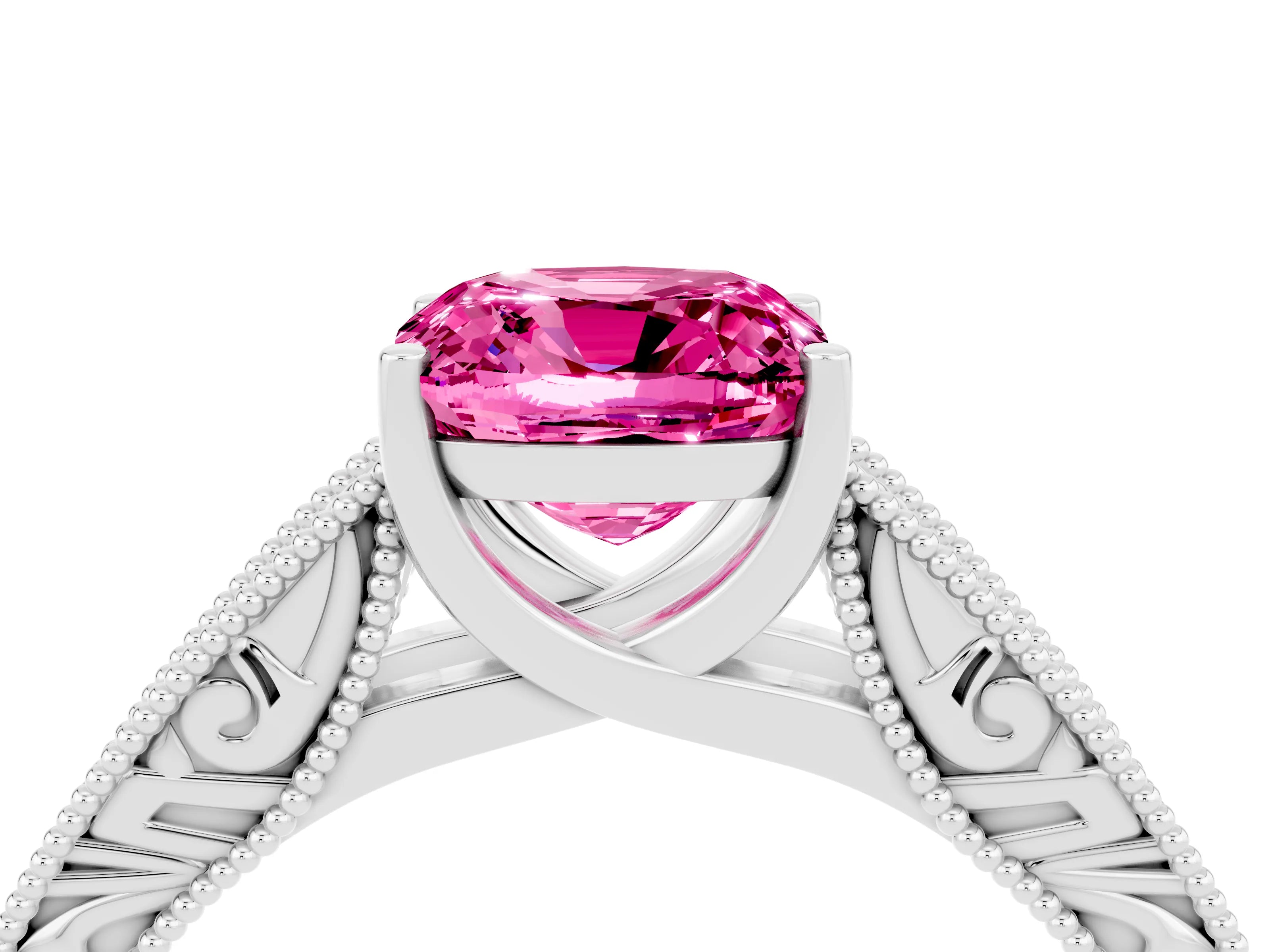 White gold Cushion Cut Pink Sapphire Solitaire Ring with Engraved Band and Four-Prong Setting_4