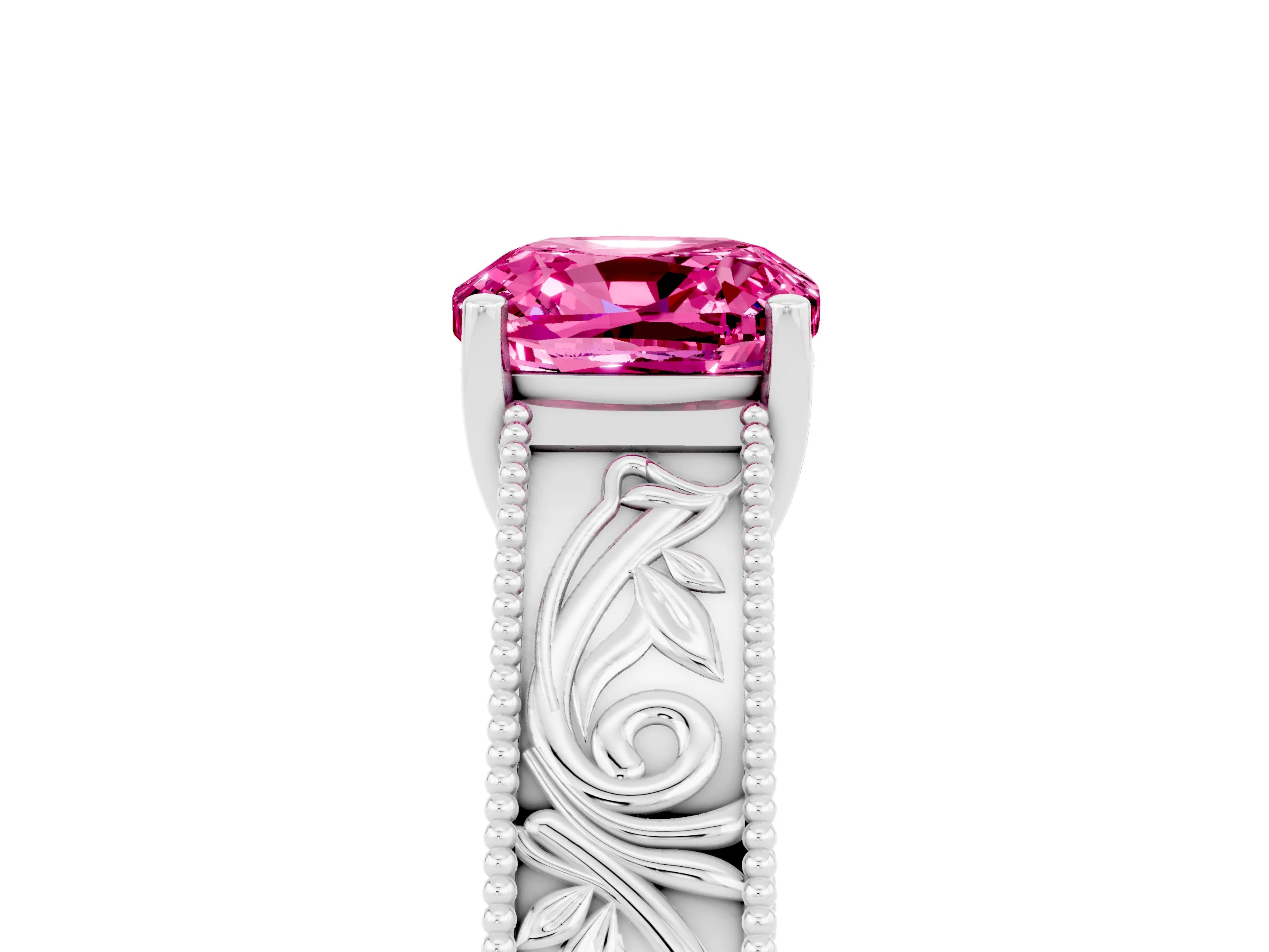 White gold Cushion Cut Pink Sapphire Solitaire Ring with Engraved Band and Four-Prong Setting_5