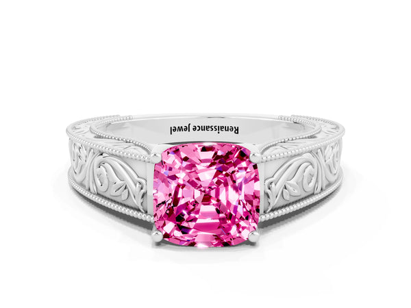White gold Cushion Cut Pink Sapphire Solitaire Ring with Engraved Band and Four-Prong Setting