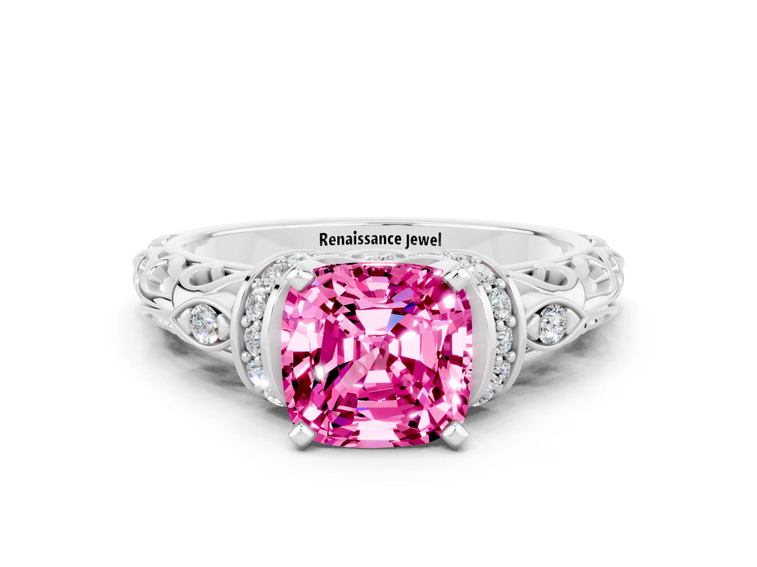 White gold Cushion Cut Pink Sapphire Solitaire Ring with Filigree Band and Four-Prong Setting_90