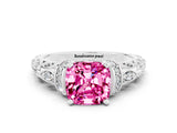 White gold Cushion Cut Pink Sapphire Solitaire Ring with Filigree Band and Four-Prong Setting_90