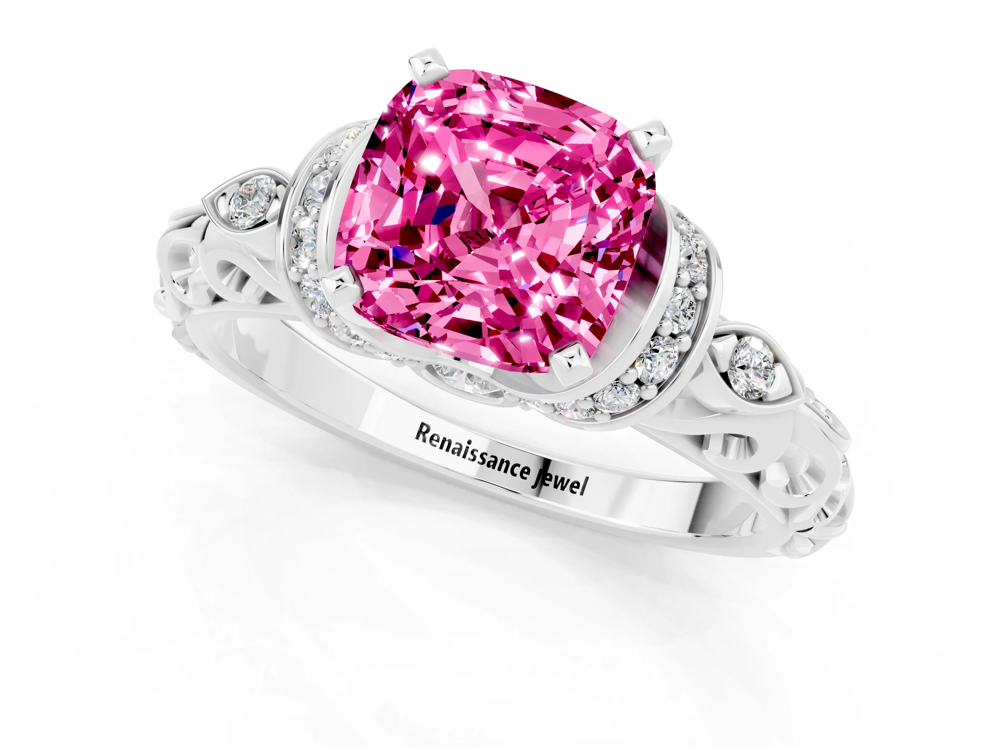 White gold Cushion Cut Pink Sapphire Solitaire Ring with Filigree Band and Four-Prong Setting_91