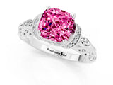 White gold Cushion Cut Pink Sapphire Solitaire Ring with Filigree Band and Four-Prong Setting_91