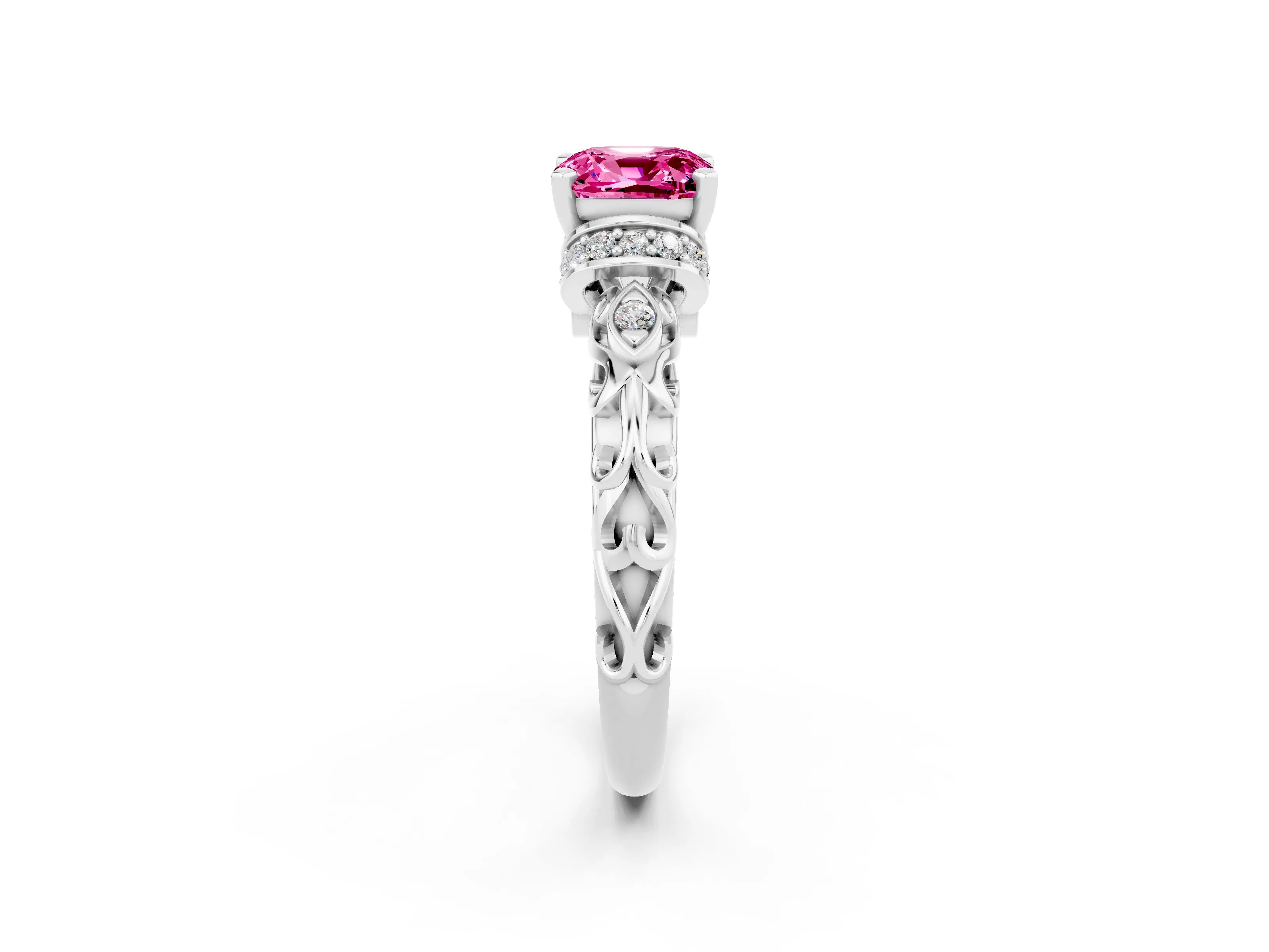 White gold Cushion Cut Pink Sapphire Solitaire Ring with Filigree Band and Four-Prong Setting_92