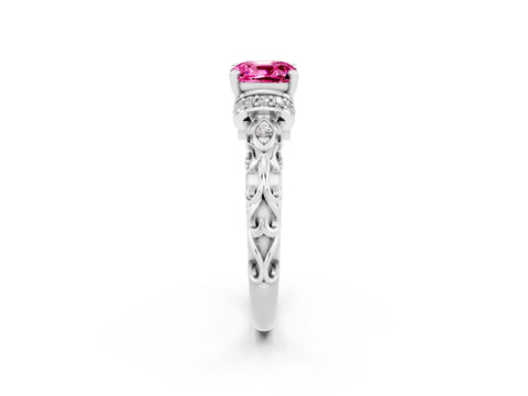White gold Cushion Cut Pink Sapphire Solitaire Ring with Filigree Band and Four-Prong Setting_92
