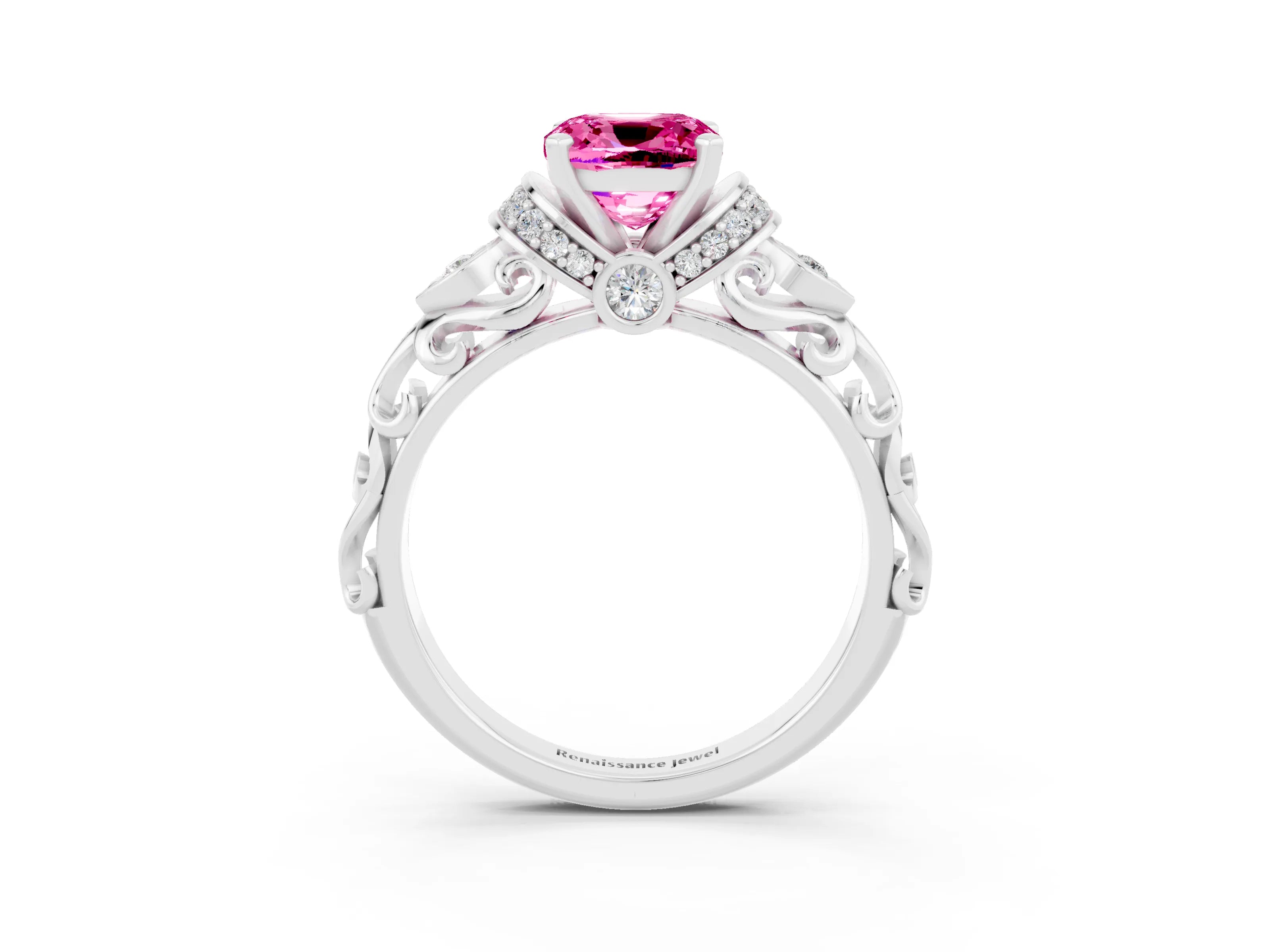 White gold Cushion Cut Pink Sapphire Solitaire Ring with Filigree Band and Four-Prong Setting_93