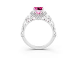 White gold Cushion Cut Pink Sapphire Solitaire Ring with Filigree Band and Four-Prong Setting_93